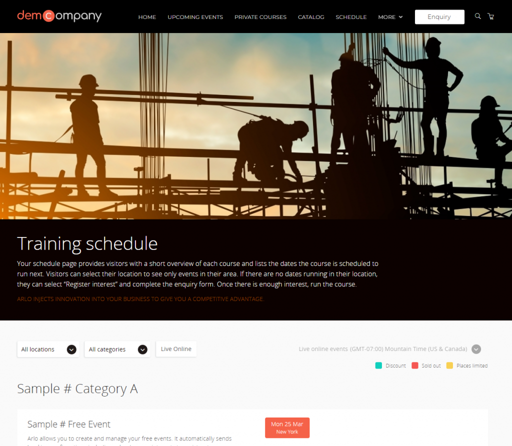 Training schedule webpage showing all courses and their upcoming sessions.