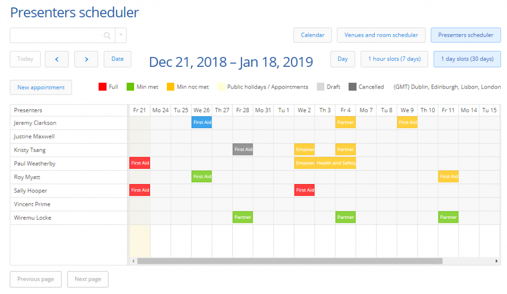 Presenter schedule shows which courses your presenters are taking and when they are free.