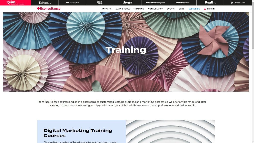 Econsultancy training page with courses