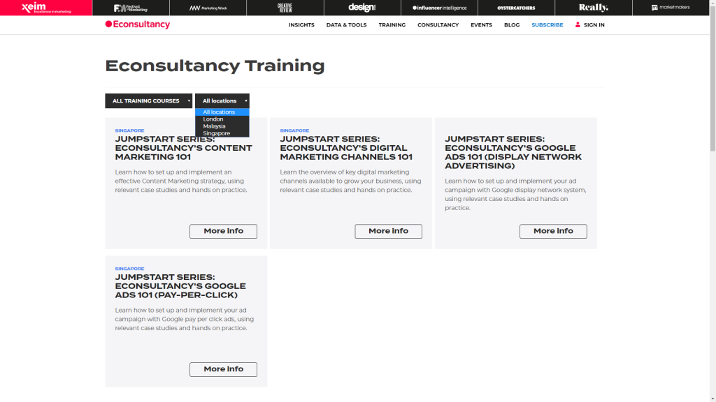 Econsultancy training page with courses