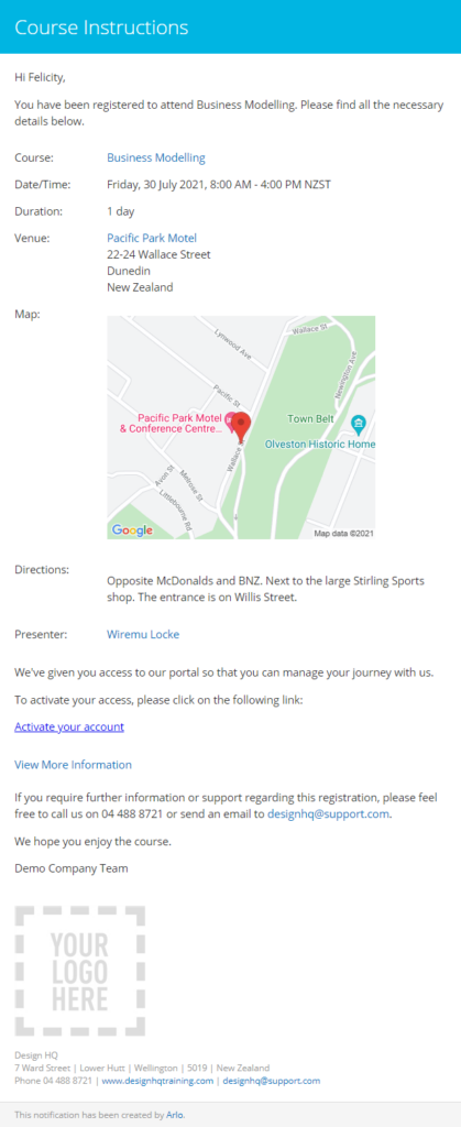 An example of a training course email that can be sent through Arlo