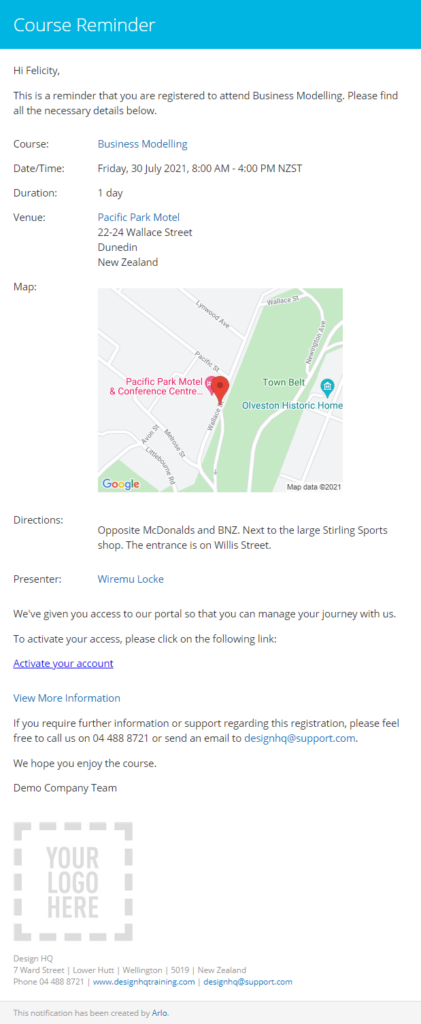 An example of a training course email that can be sent through Arlo