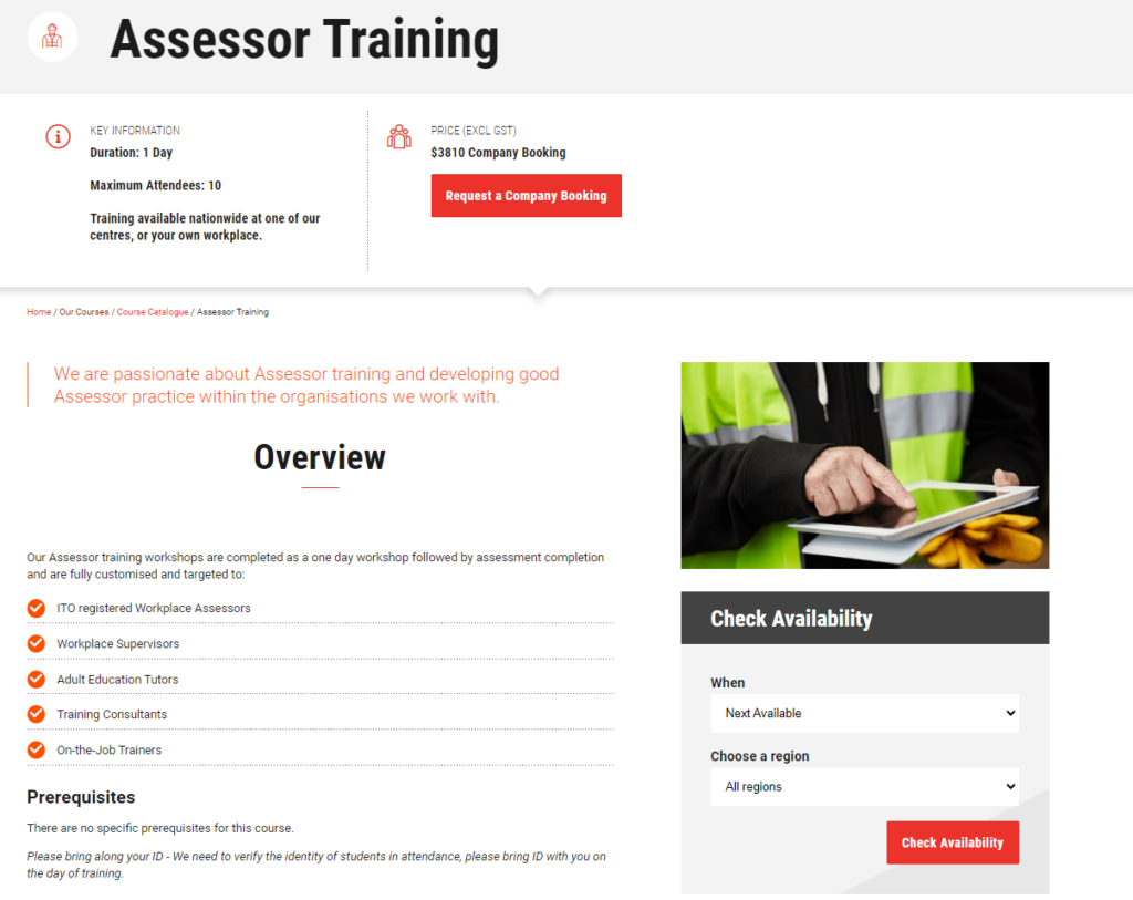 Safety 'N' Action assessor training course overview page.