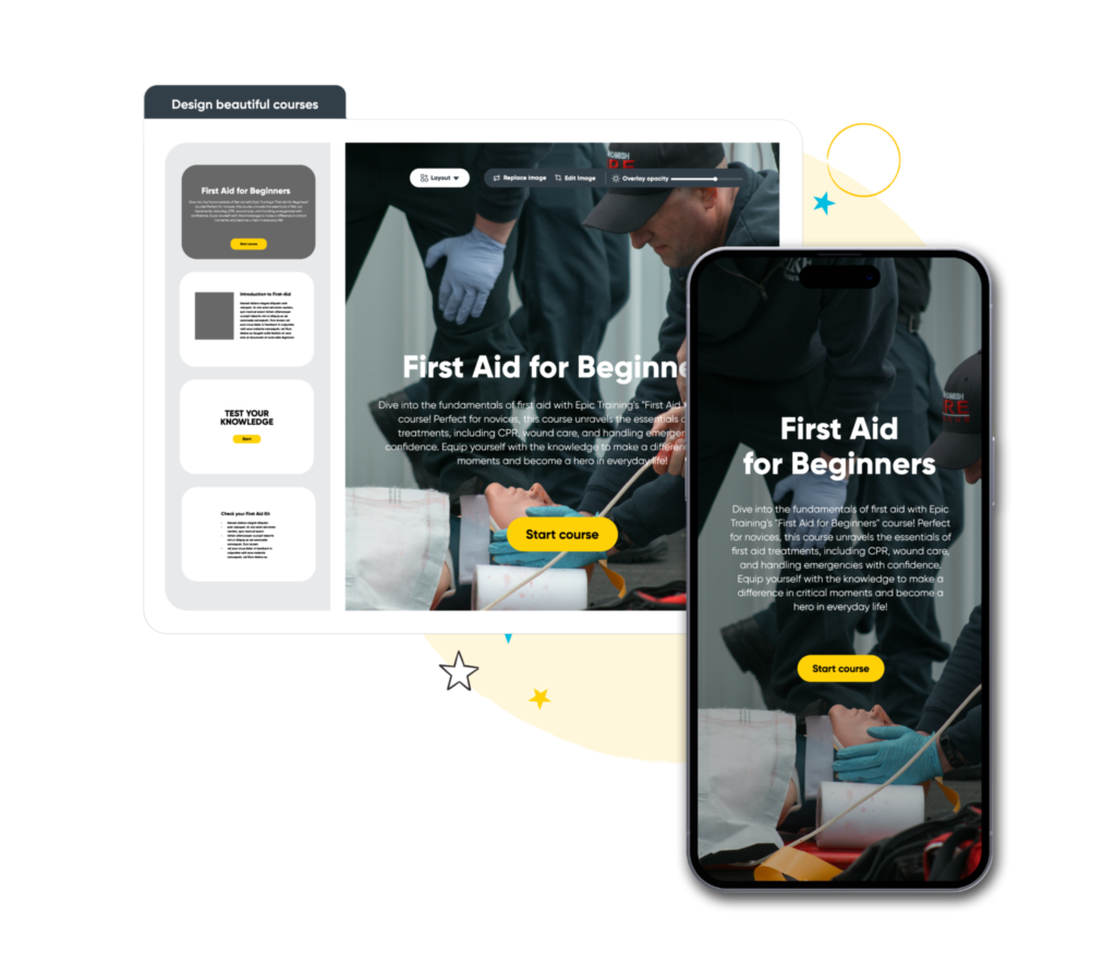 A 'First Aid for Beginners' course shown on tablet and mobile.